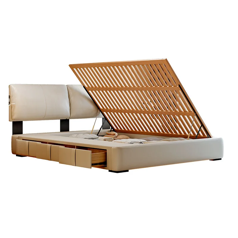 Ultra-thin bedside beech side open storage three pumping bed small apartment box flush edge elephant ear leather bed