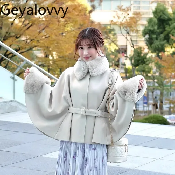 Japanese Style Autumn Winter New Fur Collar Patchwork Solid Color Short Cape Coat Elegant Shawl Style Cloak Coat with Belt