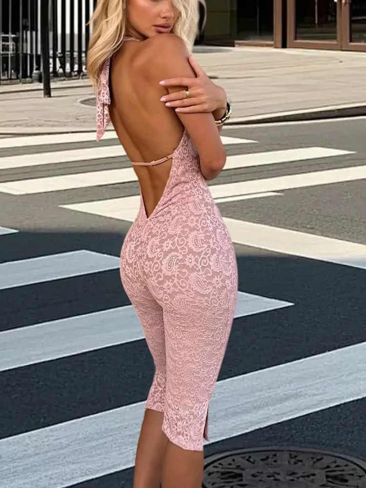 Mode dentelle combinaison été nouveau Sexy dame fête col en v profond dos nu sans manches mince fendu recadrée pantalon combinaison pour les femmes