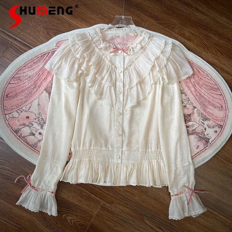 

Original Lolita Shirt Women Court Style Elegant Retro Loose and Thin Long-sleeved Inside Blouses Autumn White Bow Retro Tops