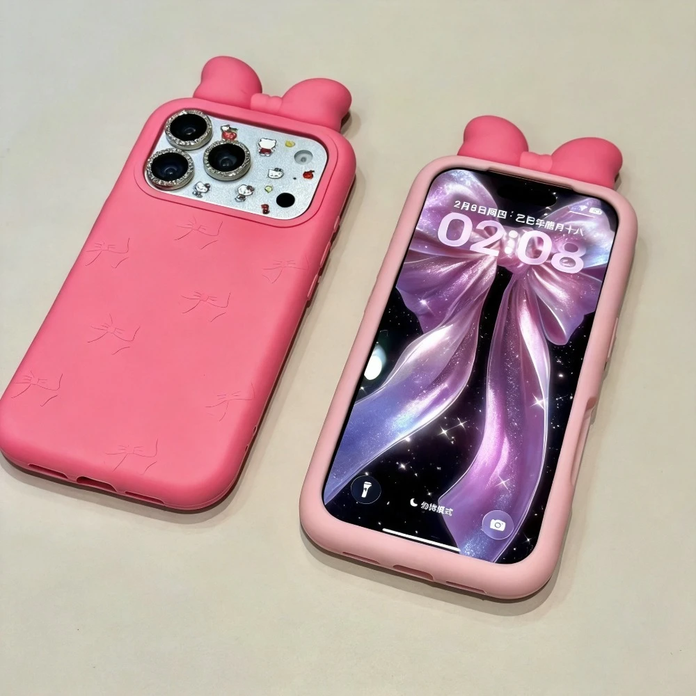 Einfarbige 3D-Schleife Silikon-Handyhülle für iPhone 18 17 Pro Max 16 15 Plus 14 Pro Weiche Niedliche Mädchenhafte Ästhetische Schutzhülle – Detail 2