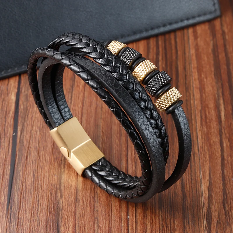 Retro Style Double Stitching Combination Small Accessories Stainless Steel Men's Leather Bracelet Promotional Price For Gift