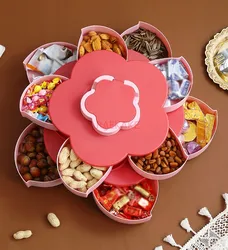 Multi layered petal rotating fruit tray with lid, multifunctional dry fruit and snack storage box for home living room