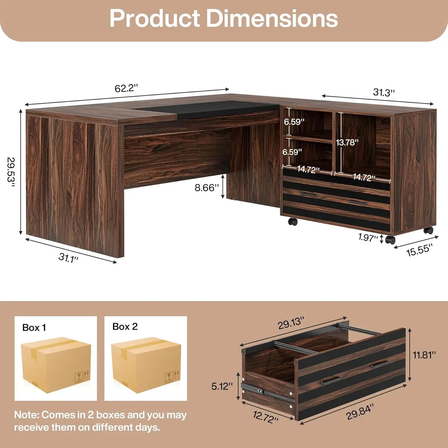 62.2인치 이그제큐티브 데스크(모바일 파일 캐비닛 포함), L자형 사무실 책상(수납 선반 포함), 다크 브라운