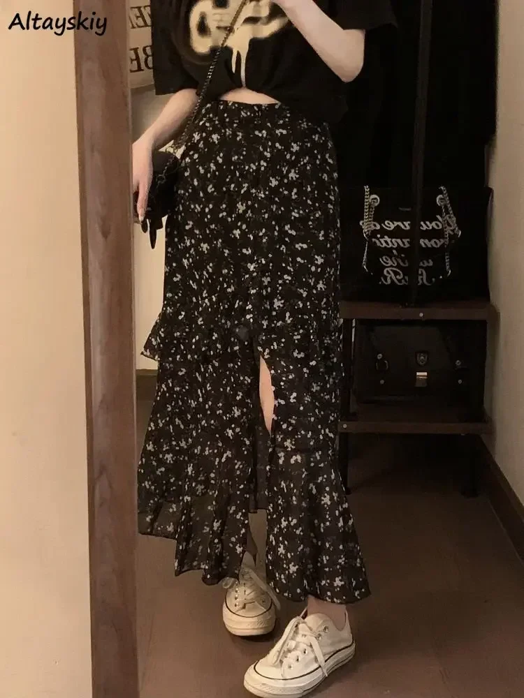 

Юбки с цветочным принтом, женские нерегулярные оборки, винтажные повседневные летние новые юбки в стиле прерий с разрезом по бокам, эстетичная уличная одежда, женская Mujer 2024