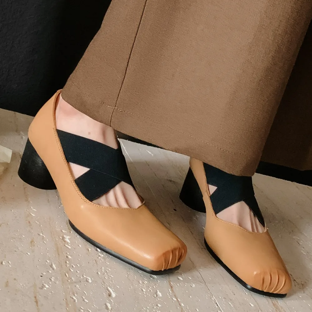 

2024 Women's genuine leather elastic cross strap slip-on pumps pleated sqaure toe elegant ladies dress heeled shoes for women