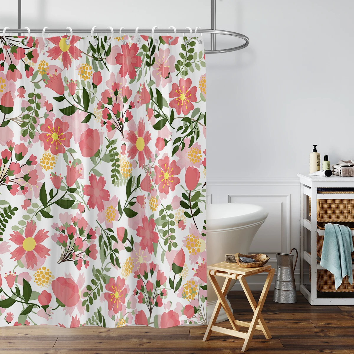 1 piece of 180x180cm pink fresh floral print shower curtain, partition bathroom waterproof and mold resistant home decoration