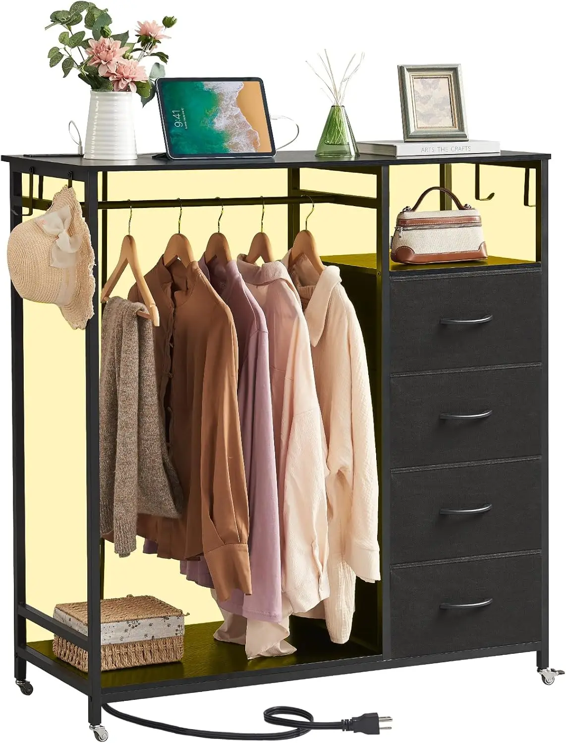 

Bla Dresser For Bedroom With Hanging Ra Led Lights And Charging Station, 4 Drawers Dresser With Clothes Ra, Tall Storage Chest