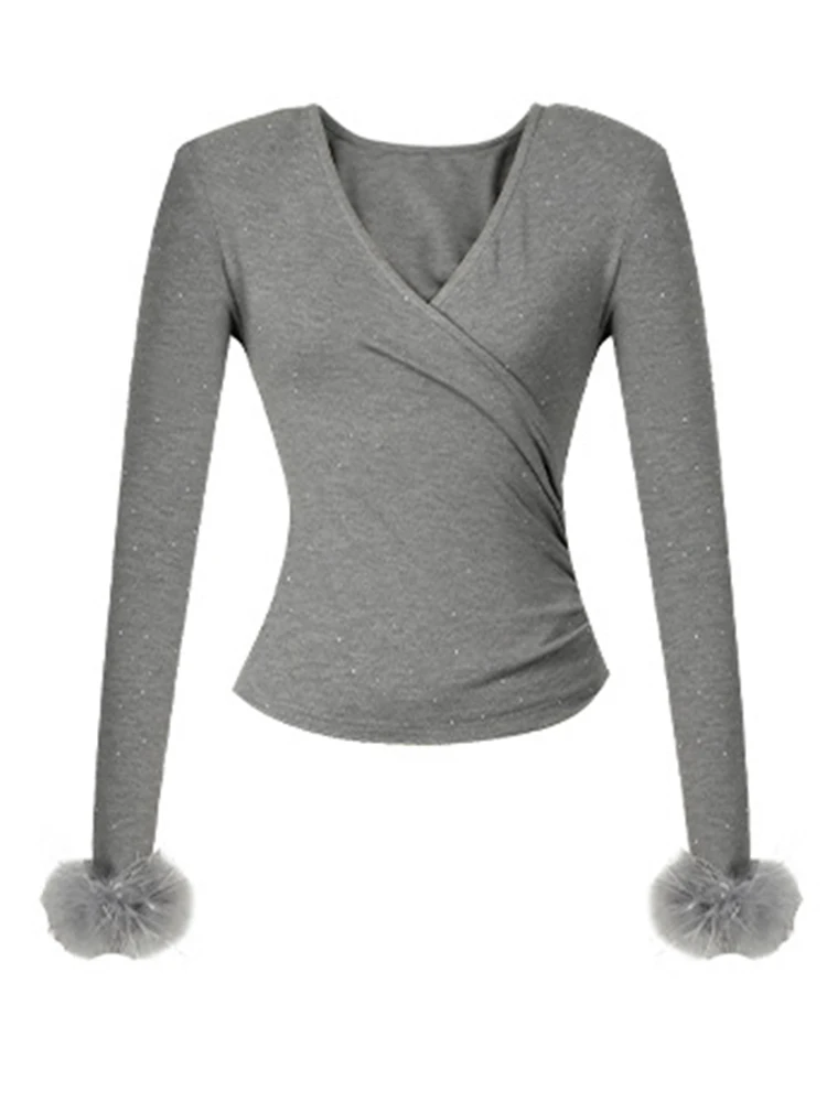 

Women Clothes Casual Sexy V-Neck Short T-Shirt Elegant Long Sleeve Blouse Femme Folds Tops Bottoming Slim Pullover Jumper New