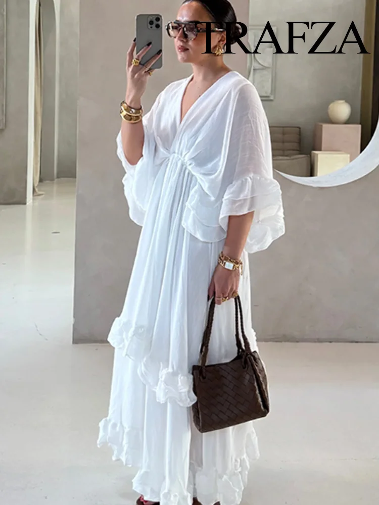 TRAFZA Summer Women's Fashion Solid V-neck Midi Short Sleeve Long Dress Female Casual Ruffle Edge Pleated Sexy Waist Dress