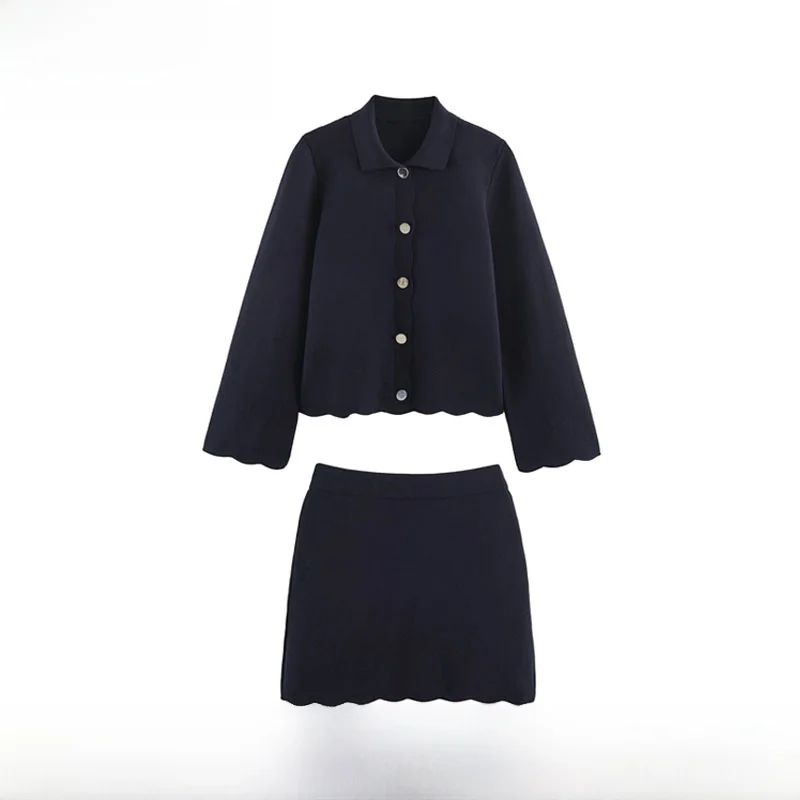 Early Autumn New Arrival Women's Fashion Knitted Jacket Skirt Set ZR Style Short Length Polyester Fiber Long Sleeve