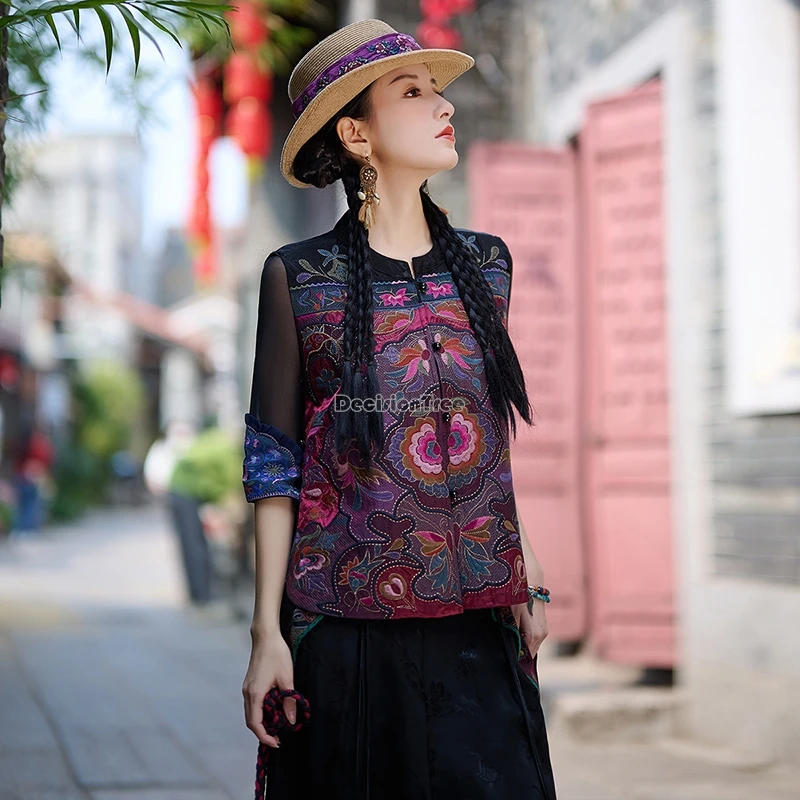 2024 new women chinese stand collar embroidery stickers embroidered waistcoat national style retro loose elegant short vest t001