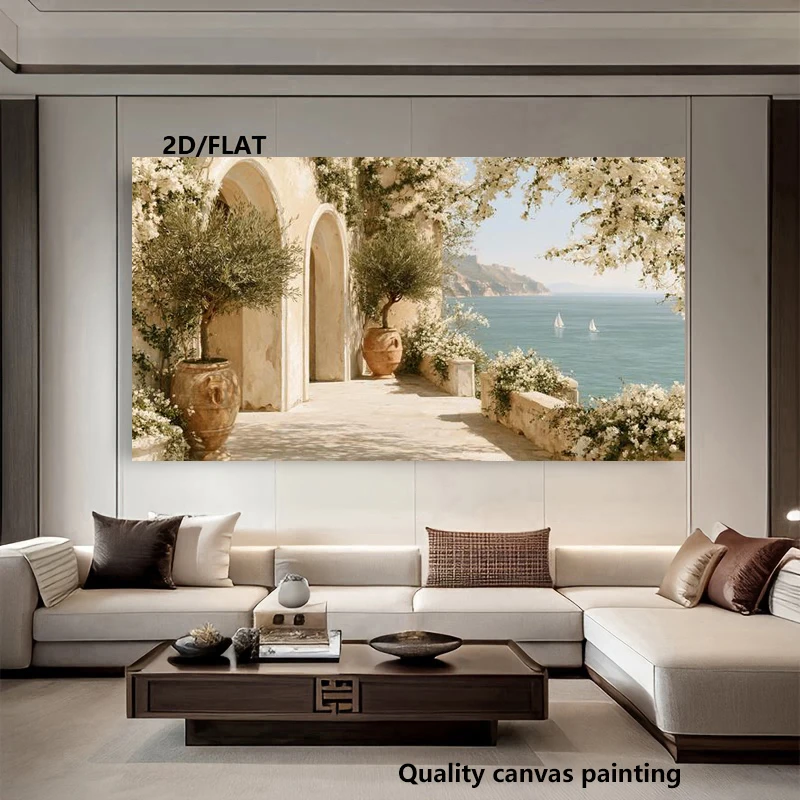 Canvas print wall art poster depicting a Mediterranean seaside terrace; coastal landscape decor featuring white arches and the b