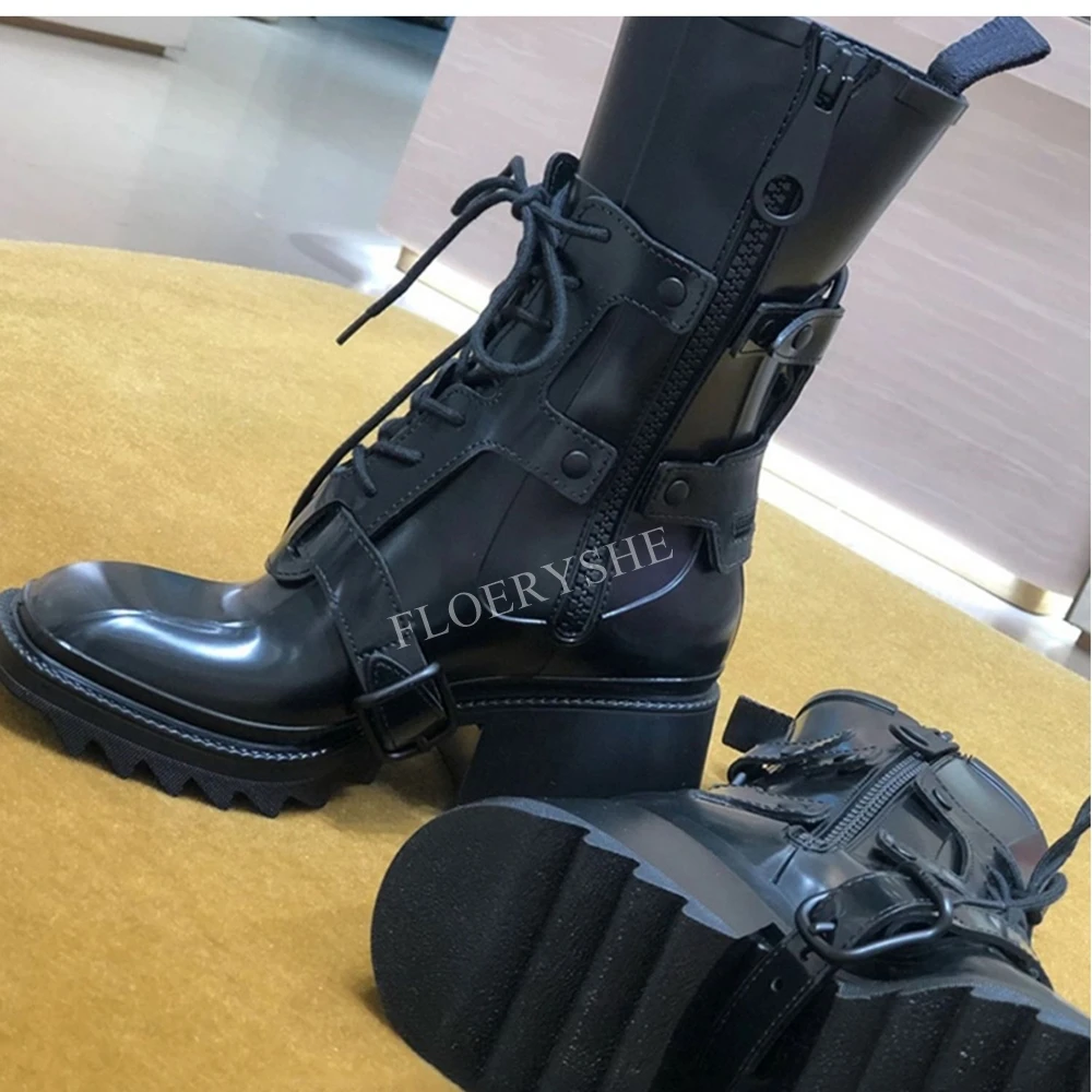 Schwarze Punk Damen Stiefeletten mattes Leder Nachrichten solide quadratische Zehen Seite Reiß verschluss klobige High Heel Party Mode coole Schuhe