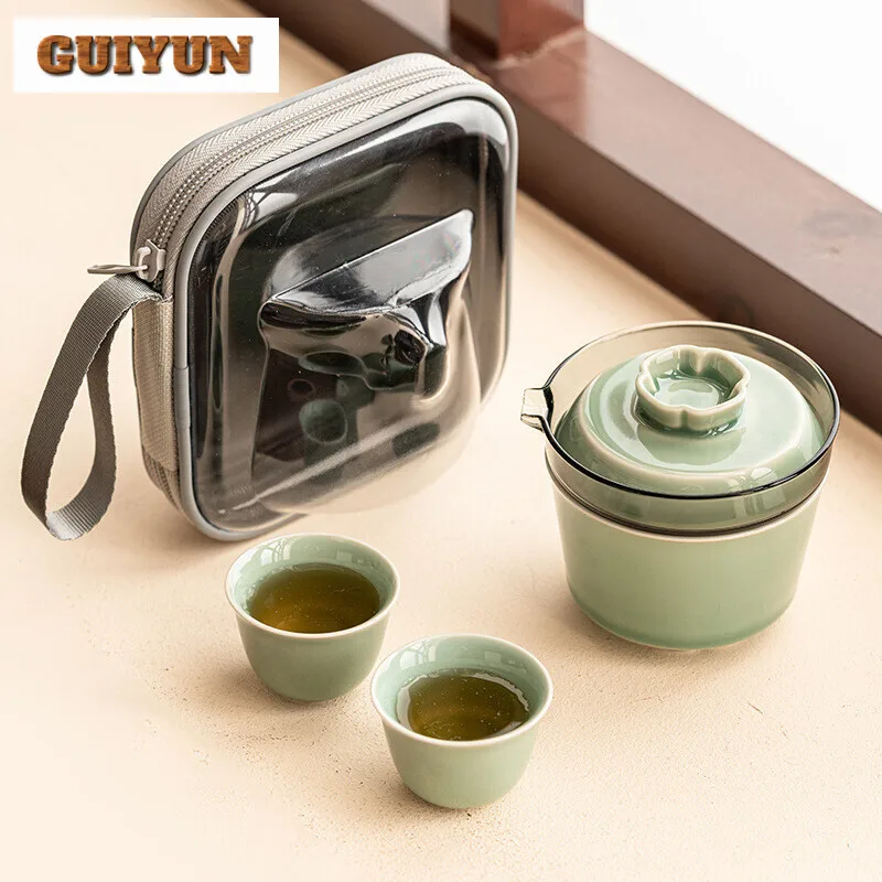 Yue Kiln Celadon Handmade Travel Set Household Portable Tea Set Kit Antique 1 Pot 3 Cups Tea Maker Organizer Cafes Collection