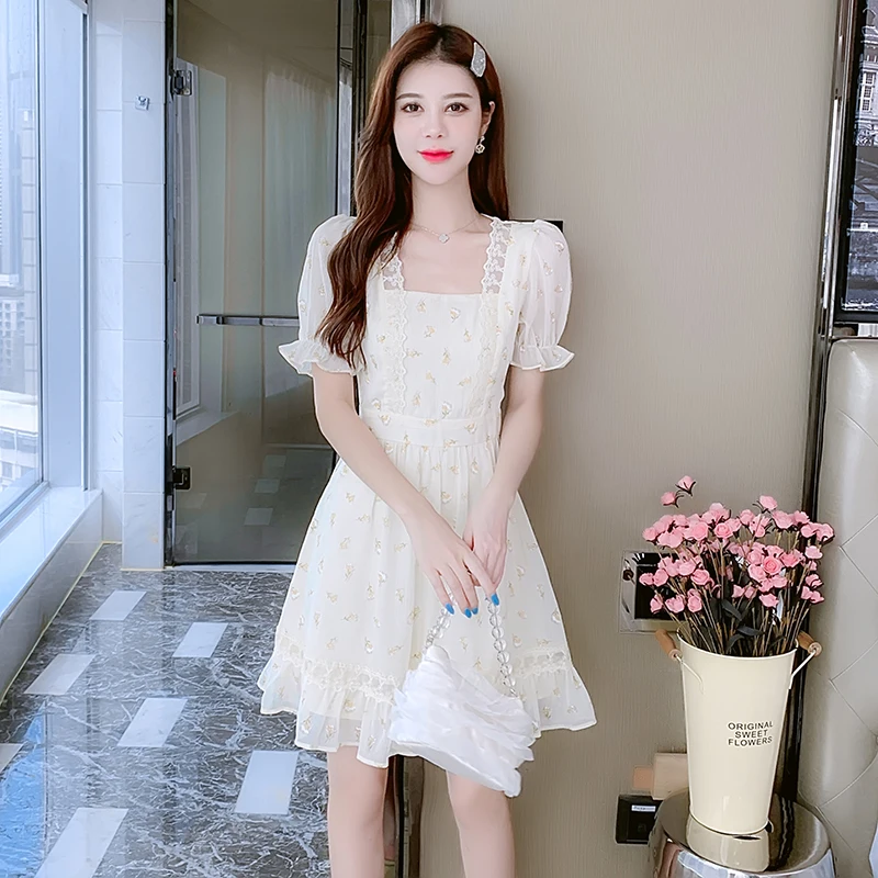 Süßer, sanfter, floraler Chiffon-Rock von Dr. Princ mit Initialen-Datum, hohe Taille, Bubble Sve ort Summer Commute Sle A-Line Dr