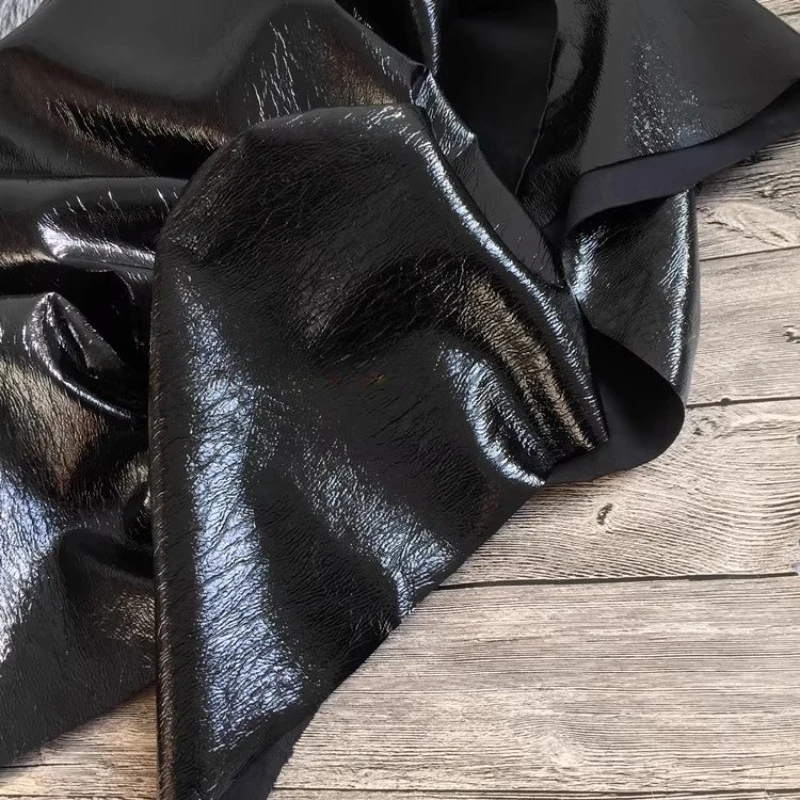 نسيج أسود نقي بو الجلود معطف جلد لامع مصمم النسيج القماش بالجملة بالمتر للخياطة Diy بها بنفسك المواد #2