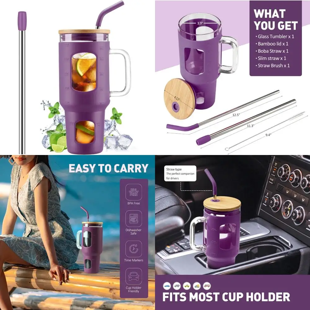 

glass tumbler with straw and lid, 40 oz glass cup with handle, glass water bottles with time marker, silicone protective sleeve-