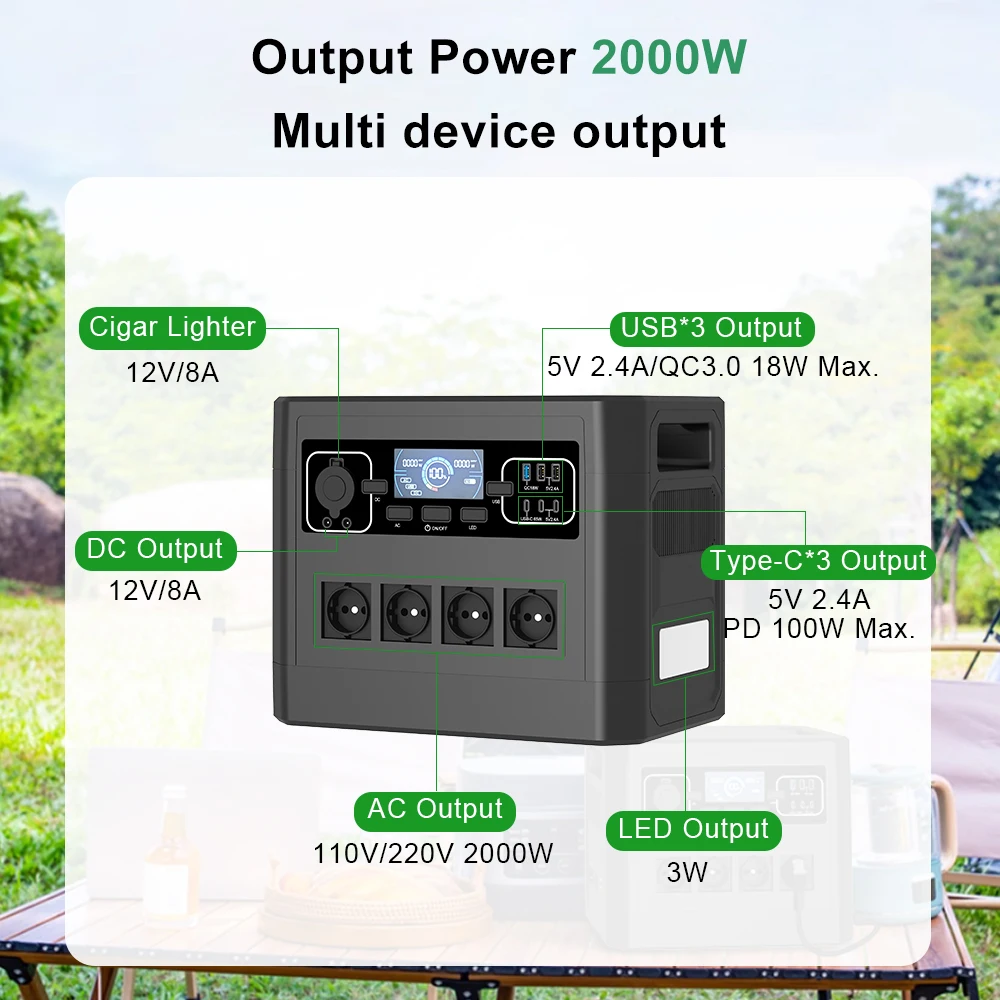 

Home Backup Power Camping 2000watt Lifepo4 2016wh 110v 220v 50hz 60hz Lithium Power Station 2000W