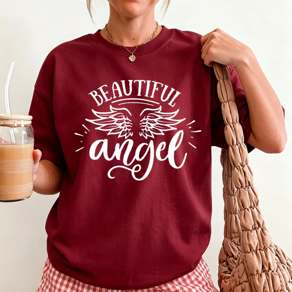 Beautiful Angel Wings Slogan Graphic T-shirt Vintage Angel Wing Letter Print Short Sleeve Tee Inspirational Religious Casual Top