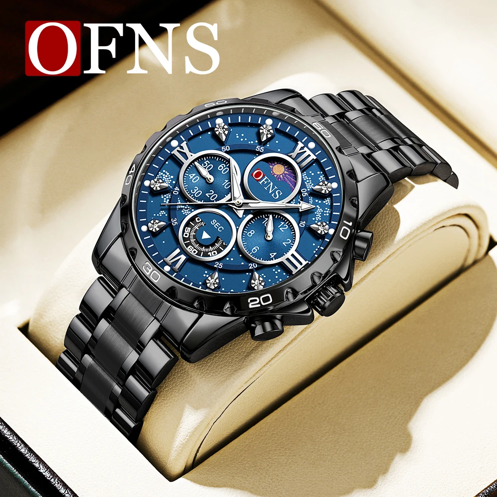 OFNS New 1523 Fashionable Men's Steel Band Six Needle Quartz Watch Fashionable and Simple Night Glow Waterproof Men's Watch