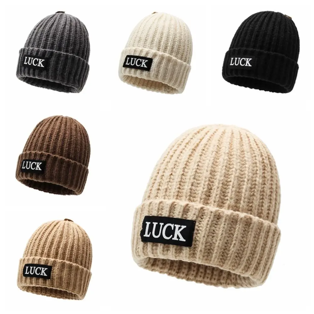Versatile Streetwear LUCK Pullover Hat Korean Style All-match Solid Color Knitted Cap Dome Headgear Brimless Beanie Cap Gifts