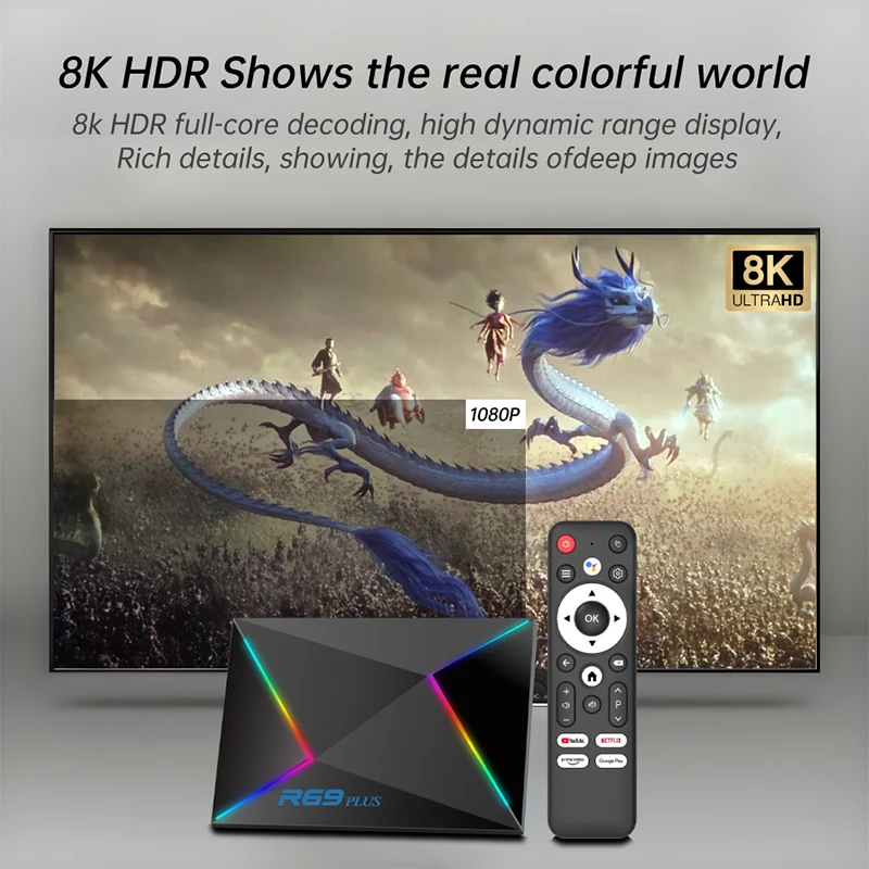 R69 plus Voice Control 8K Ultra HD TV Box Octa Core Allwinner H728 Obsługuje Netflix WIFI 6 Set Top Box