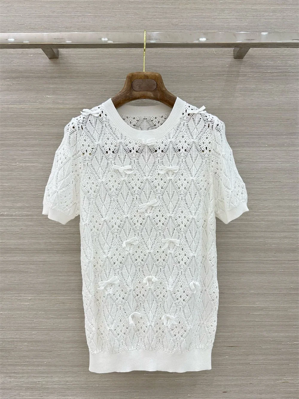 

Women's Clothing Elegant Bow-Knot Hollow-Out T-shirts Slim-Fit Knit Top