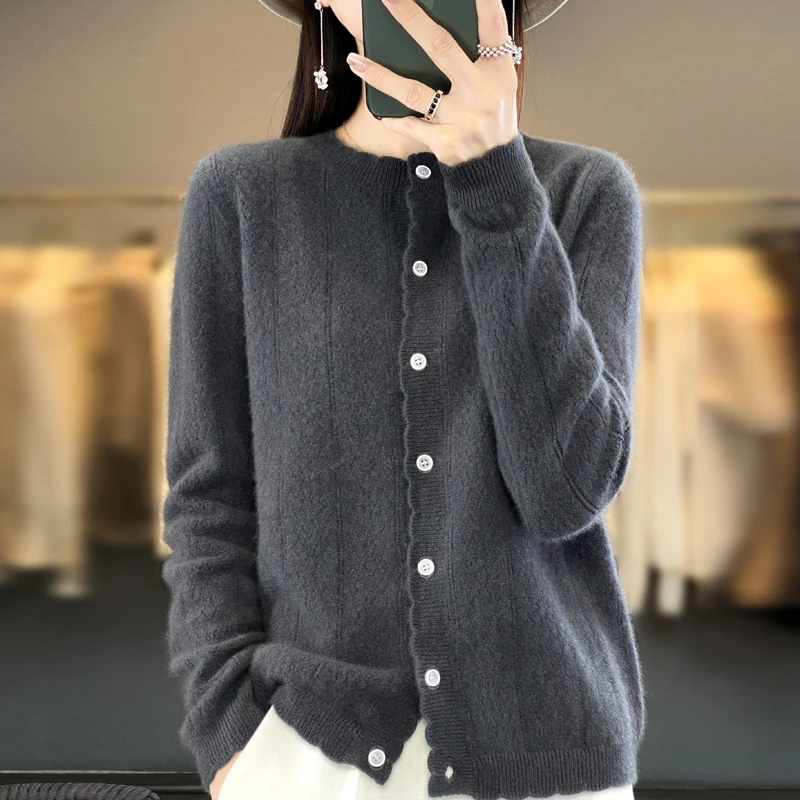 2024 Fashion Women\'s Knitted Cardigan 100% Merino Wool Korean Long Sleeve Sweater Autumn/Winter New Jacquard Knitted Cardigan