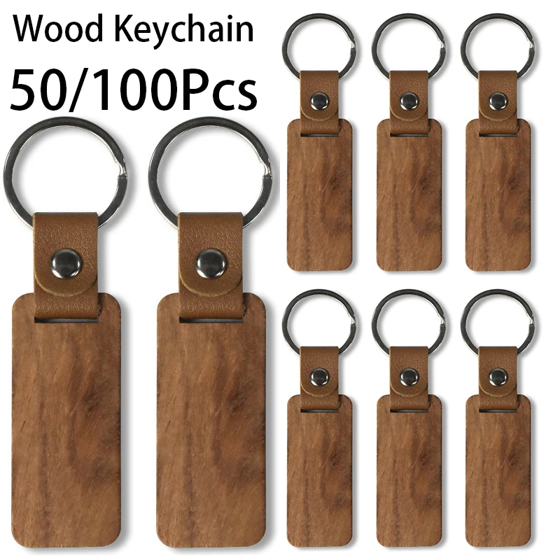 

50/100Pcs Blank Key Ring Tag Keyring Leather Key Holder Chain Wooden Keychain For Business Gift