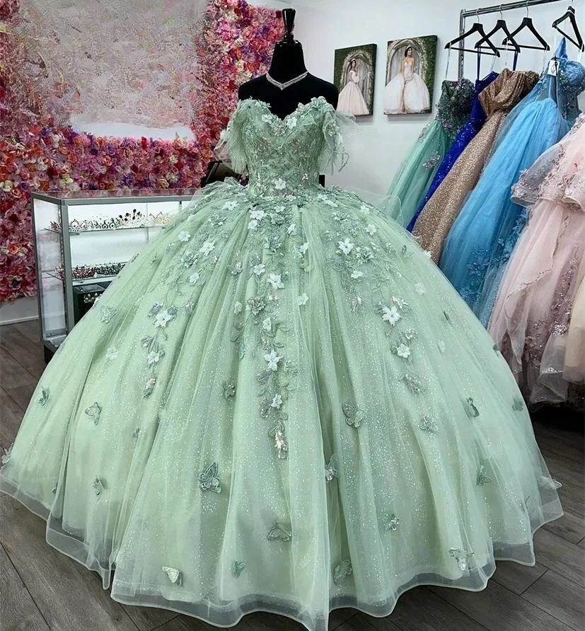 Vestidos Princesa Quinceanera, Vestido de baile, Apliques de tule, Fora do ombro, Sweet 16 Vestidos, 15 Anos, Personalizado, Verde Menta