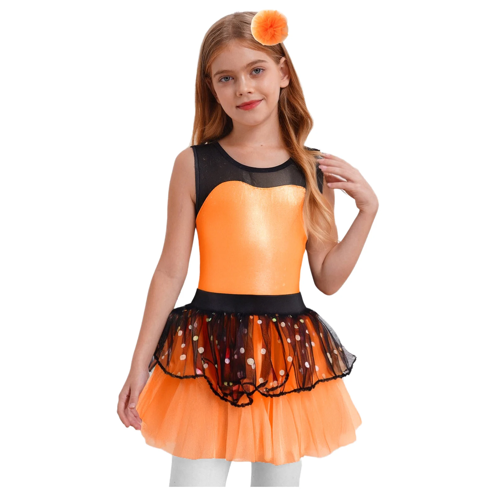 

Kids Girls Ballet Tutu Dress Sleeveless Sheer Mesh Patchwork Metallic Bodice Dress+Headwear Set Jazz Dance Performance Costume
