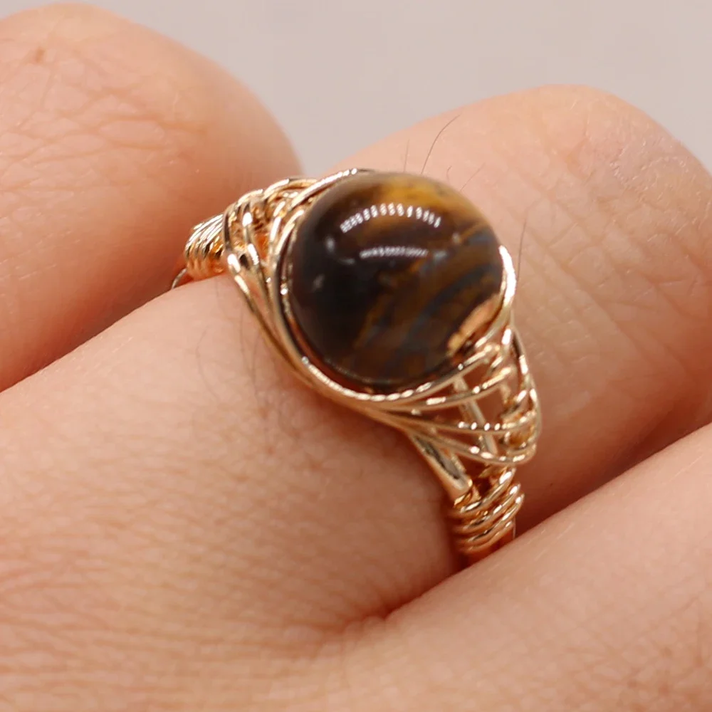 Natural Gems Stone Fashion Wire Wrapped Rings Reiki Healing Amethyst Agate Jade Tiger Eye Stone Resizable Ring Wedding Jewelry