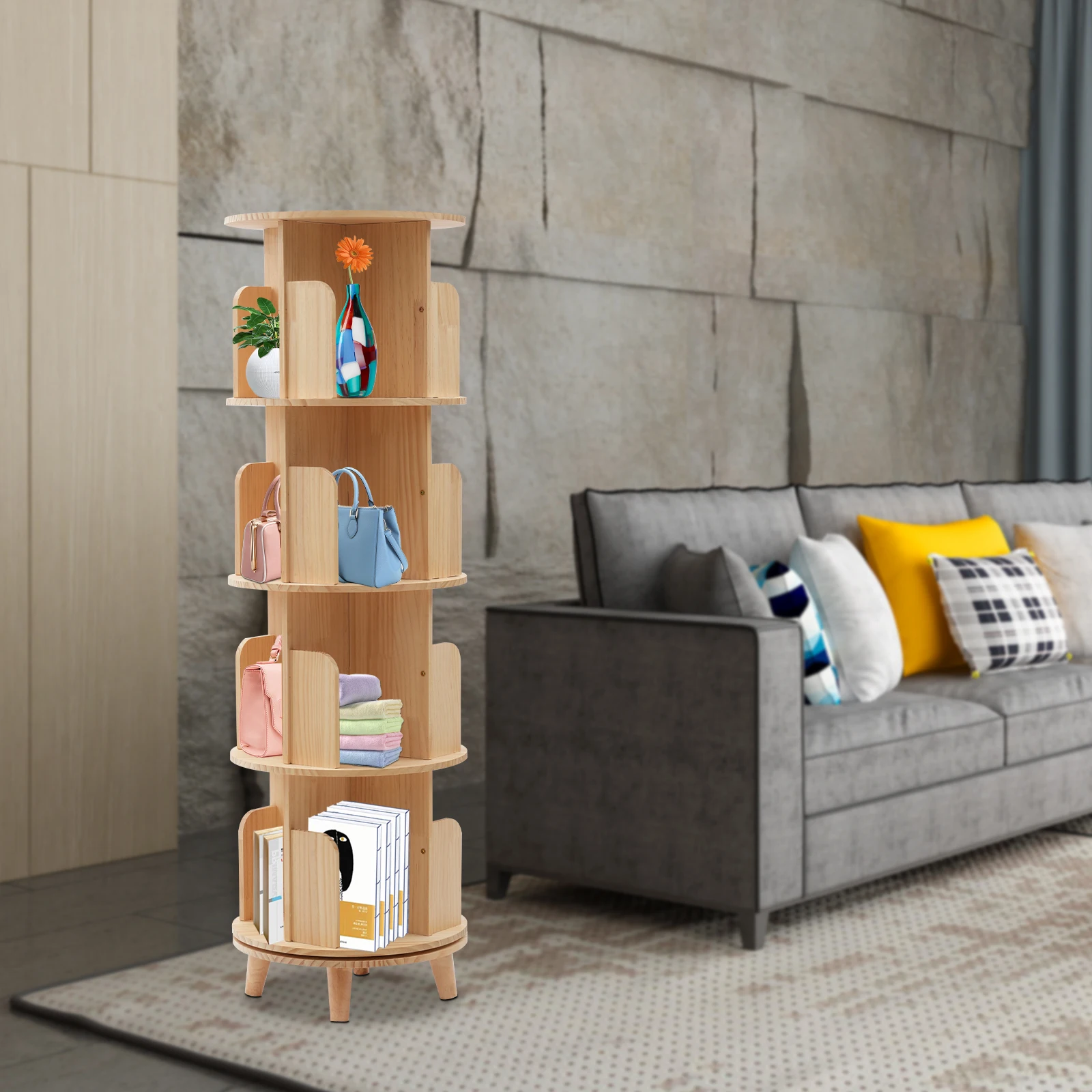 4 Tingkat 360 °   Rak Buku Berputar Kayu Pinus Alami Kapasitas 50kg/Tier, Rak Buku Berputar Hemat Ruang