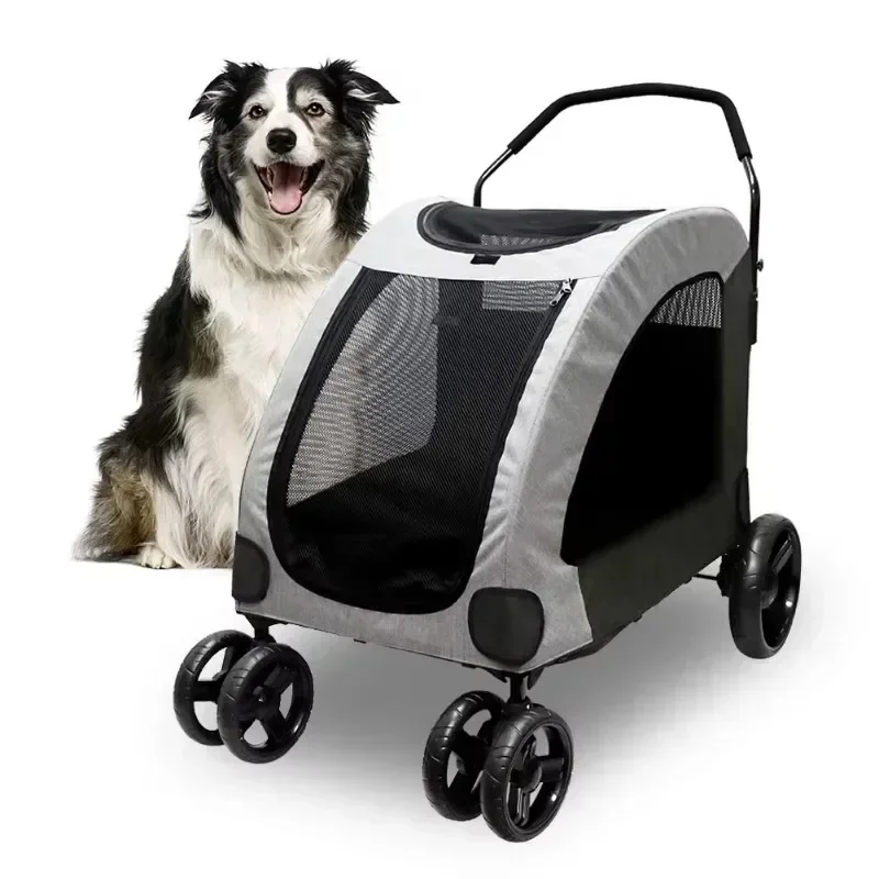 4 Wheel Dog Stroller for Large or 2 Dogs for Jogger Wagon Foldable Travel Carriage Breathable Pet Expedition Gear Cart