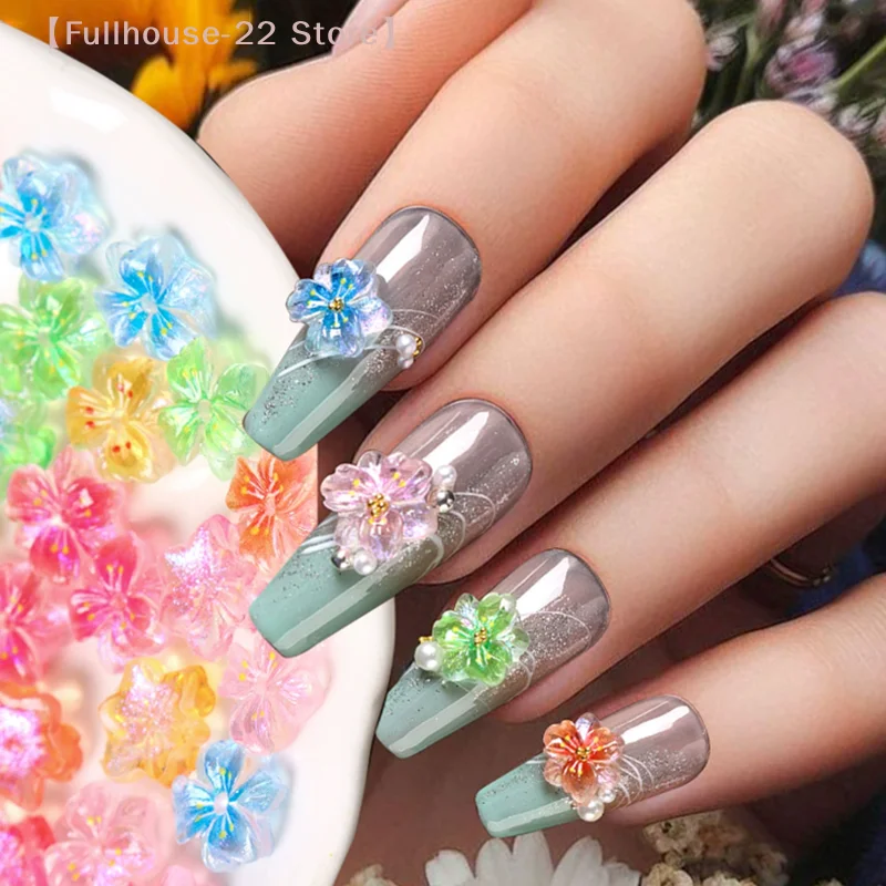 【MAX-22】50 Stück 3D-Blumen-Schmetterlings-Charms für Nägel, Farbverlauf, Eis, durchscheinende Blumen-Nagel-Charms, leuchtende Dekoration für Nageldesign