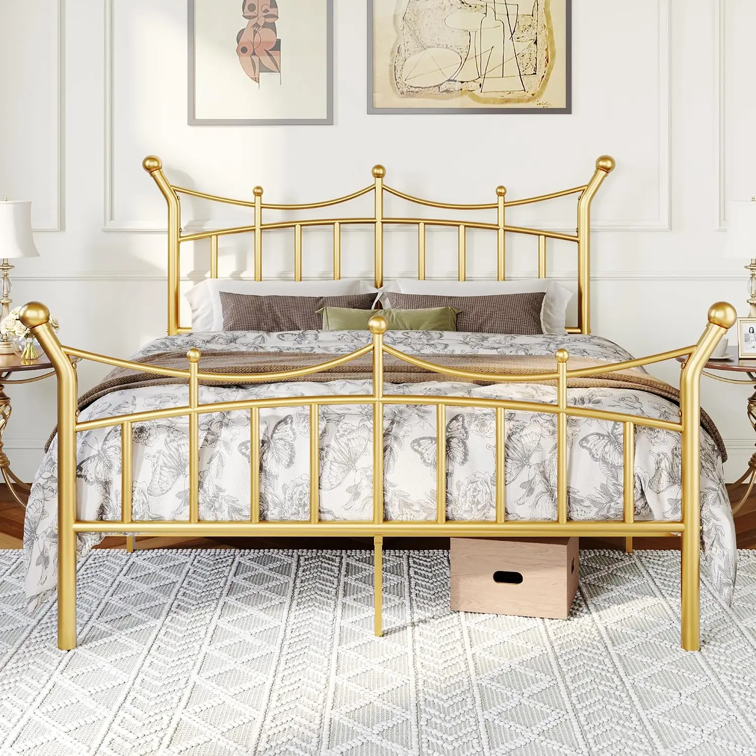 14 Inches Queen Size Metal Platform Bed Frame with Elegant Crown Iron-Art Headboard & Footboard, Sturdy Mattress Foundation
