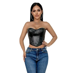 Black Corsets And Bustier Cropped Tops Short Torso Waist Training Korsett Women's Strapless Leather Camisole Top