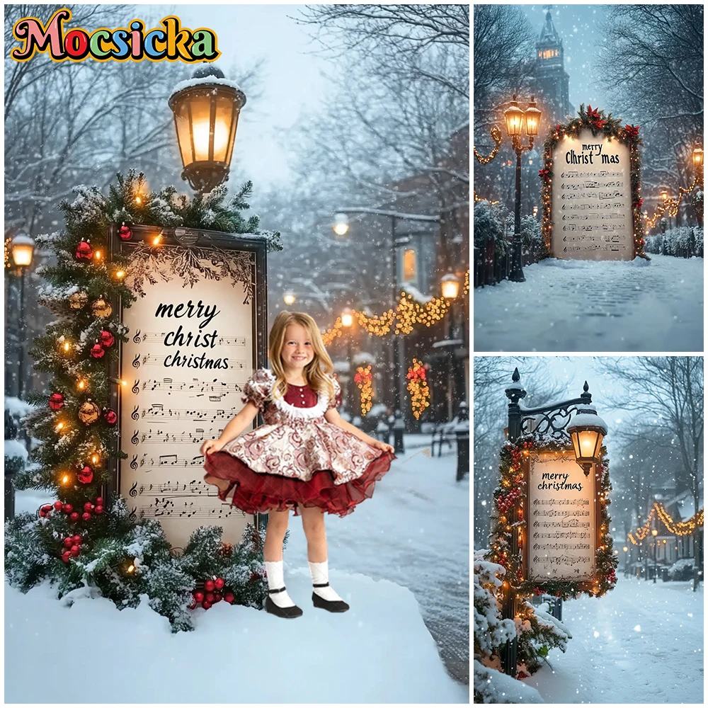 

Mocsicka Merry Christmas Photography Backdrop Street Lights New Year Party Decorations Winter Snow Child Adult Photo Backgrounds