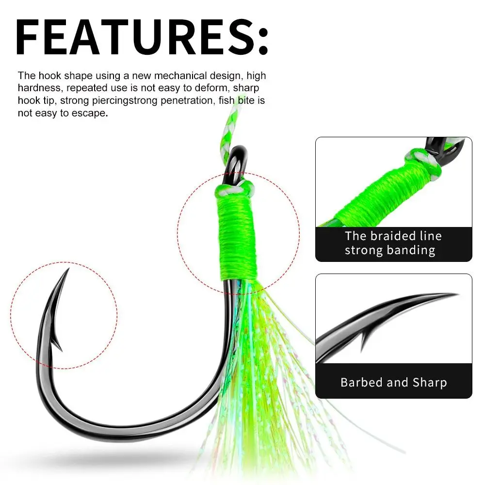 

5pcs Jigging Assist Hook With Thread Feather With Tassel Double Hooks Barbed Design Luminous Fly Fishing Hook Saltwater Fishing