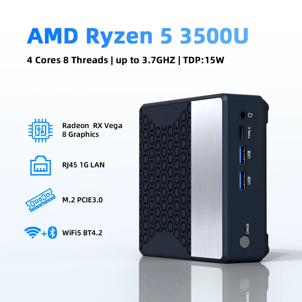 

Texhoo AMD Ryzen 5 3500U Mini PC 16GB DDR4 120GB SSD NVME Wifi5 BT4.2 Windows 11 Pro 2666MHz M.2 2280 Triple Display Desktop
