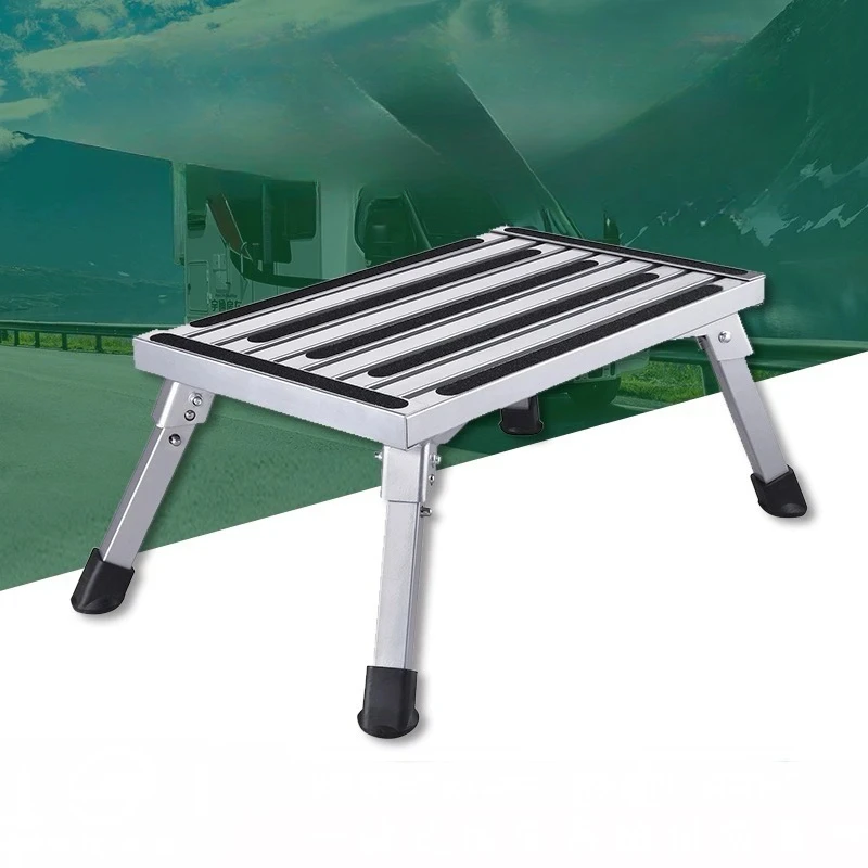 Adjustable Height RV Step Aluminum Folding Platform Stool Portable Step with Anti-Slip Surface Camper Access Ladder