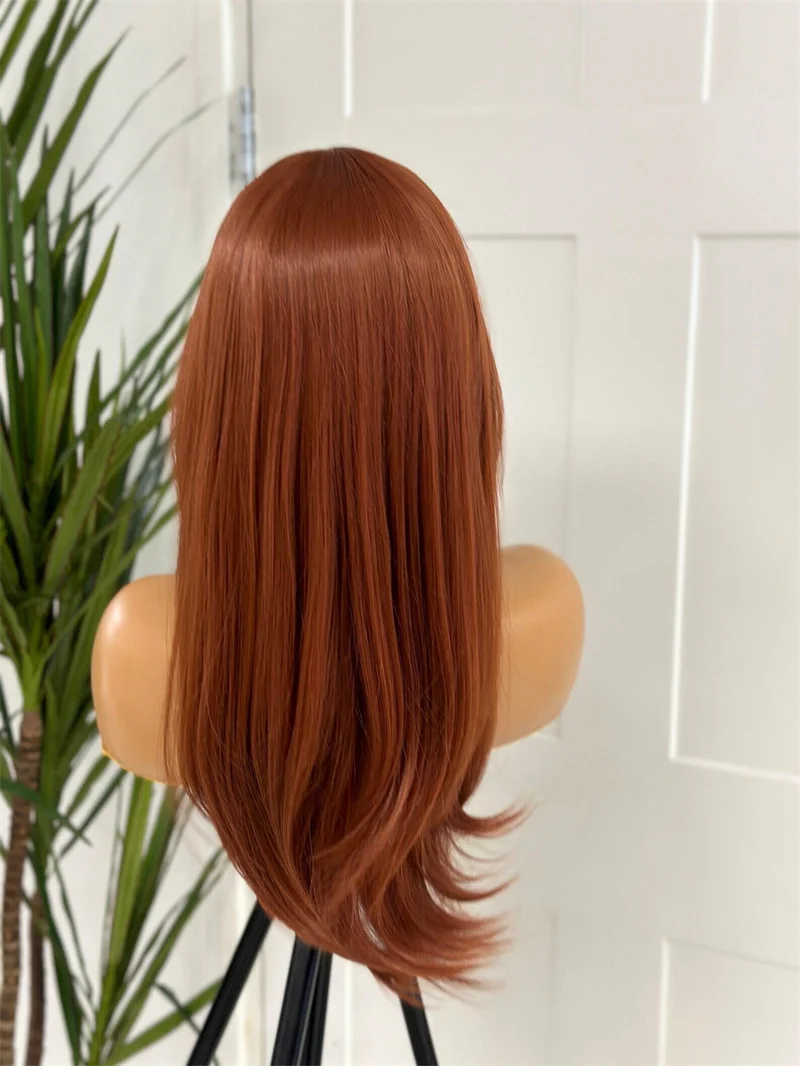 Peluca larga de encaje frontal para mujer, pelo sintético prearrancado, 26 pulgadas, suave, sin pegamento, 180% de densidad, naranja, marrón, a la moda