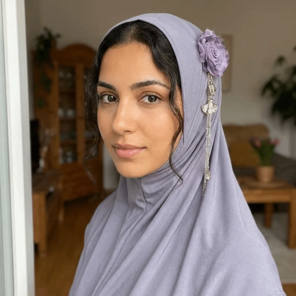 Comfort Round Edge 3D Flower Tassel Hijab Stretch Solid Color Head Scarf Lightweight High-Elasticity Headwear Daily Prayer