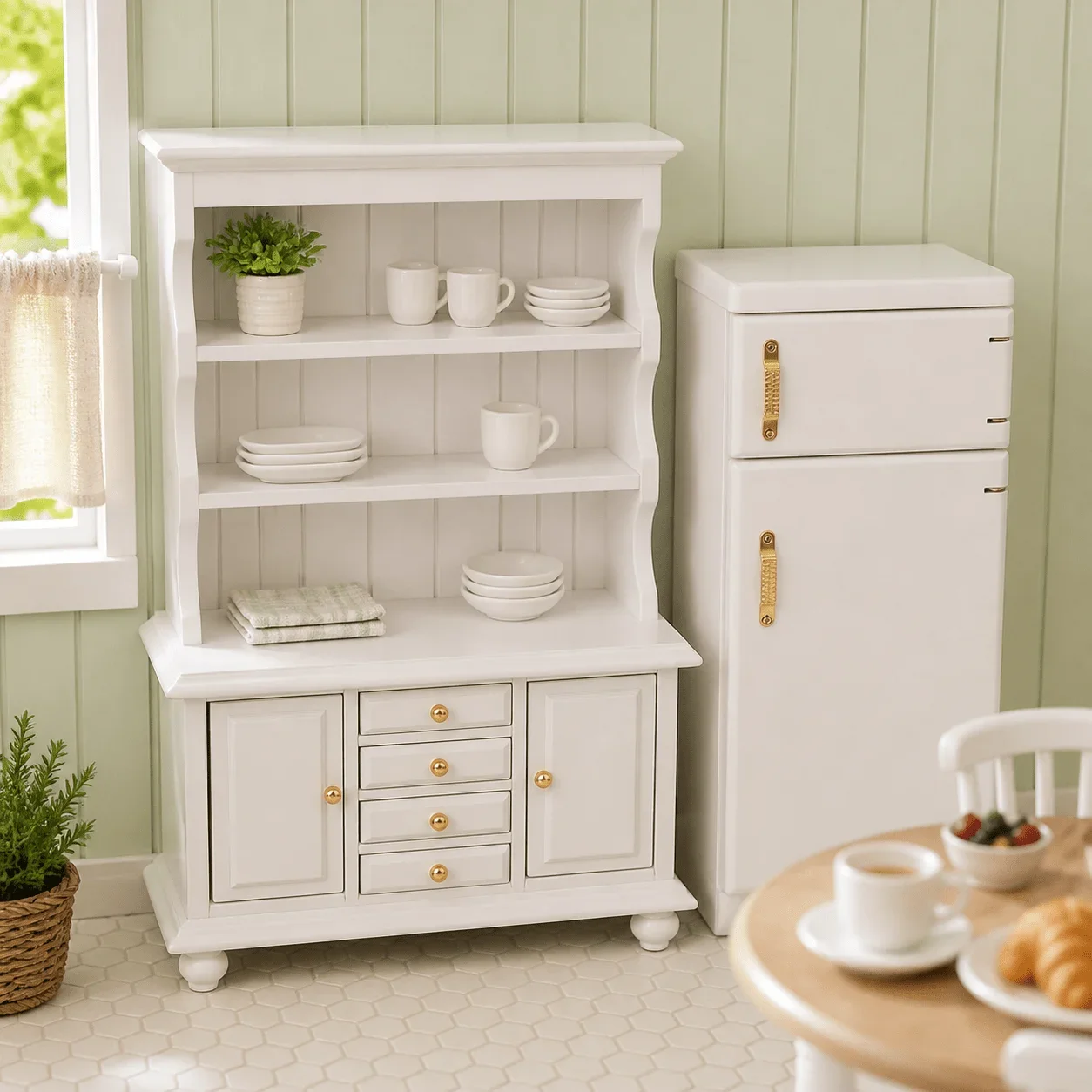 2pcs Baby House Miniature Kitchen Furniture Combination Tableside Cabinet Refrigerator DIY Small House Scene Decoration