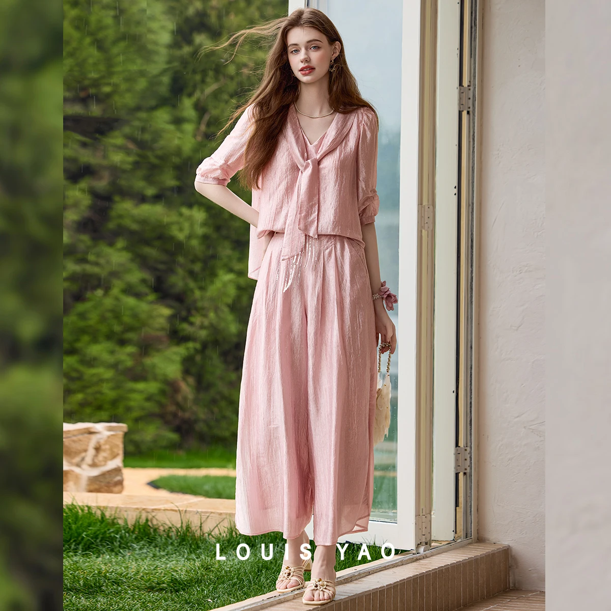 Conjunto Ligero y Casual para Mujer LOUIS YAO, Verano 2026, Conjunto de 2 Piezas, Blusa Holgada y Fluida y Pantalones Anchos con Caída