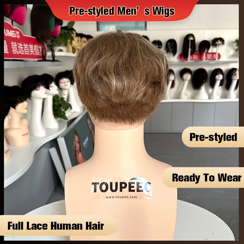 Pre Styled Full Lace Wig Male Wig Men\'s Wig Highlight Brown Color Easy To Wear Transparent Full Lace Human Hair Wigs For Men