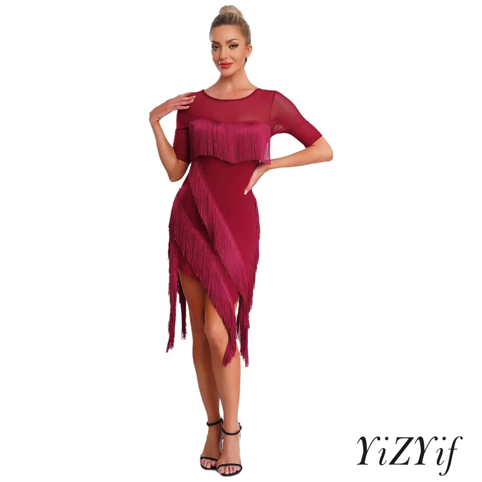 

Womens Latin Jazz Dance Dress with Safety Shorts Tiered Tassel Irregular Hem Short Sleeve Dress for Latin Lyrical Ballroom Dance