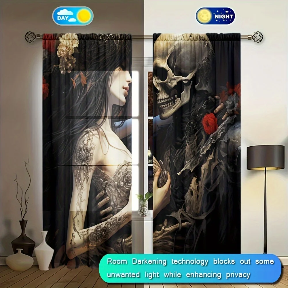 Gothic Skull and Woman Tattoo Art Blackout Curtains - Dark Fantasy Window Drapes for Bedroom Living Room Decor