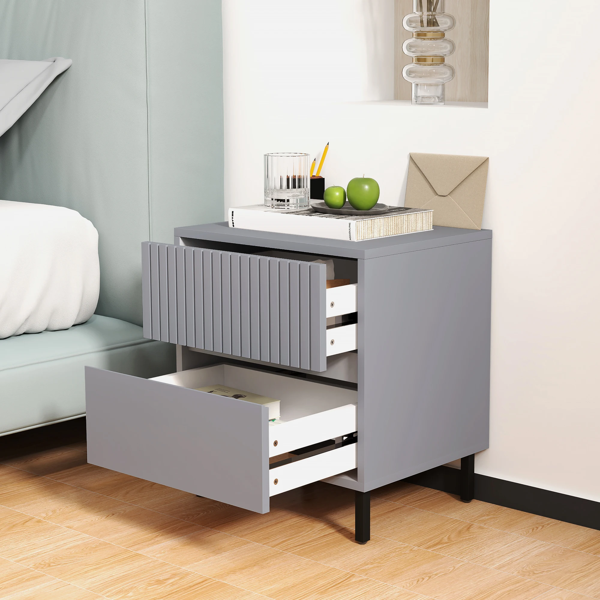 HOMCOM Bedside Table with 2 Drawers and Steel Legs for Bedroom, Grey